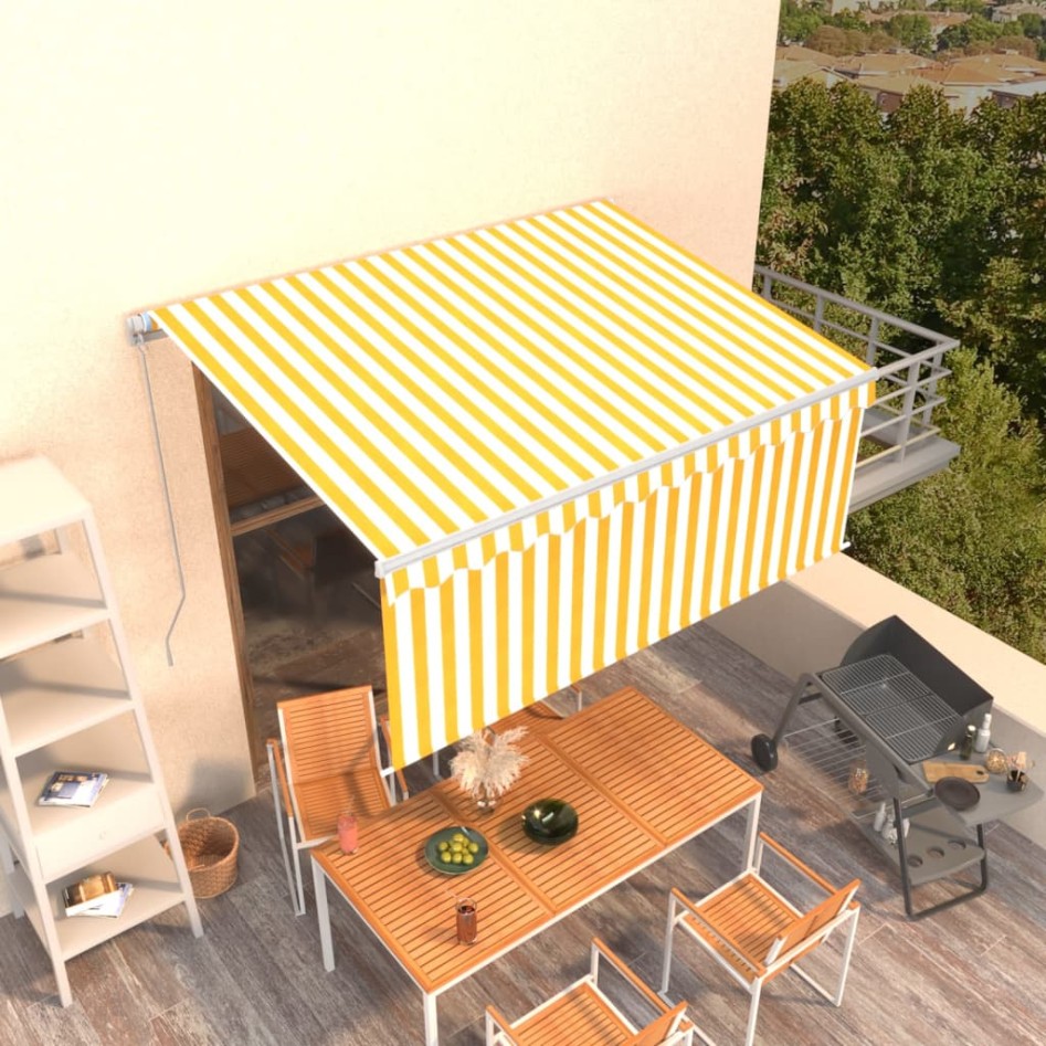 Toldo retráctil manual con persiana amarillo y blanco 3,5x2,5