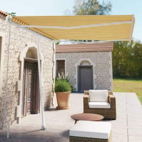 Toldo de pie retráctil manual amarillo y blanco 300x250