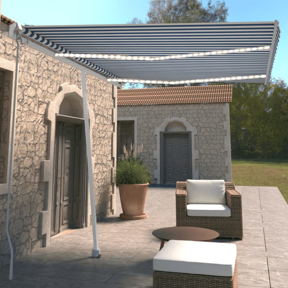 Toldo retráctil manual con LED azul y blanco 350x250