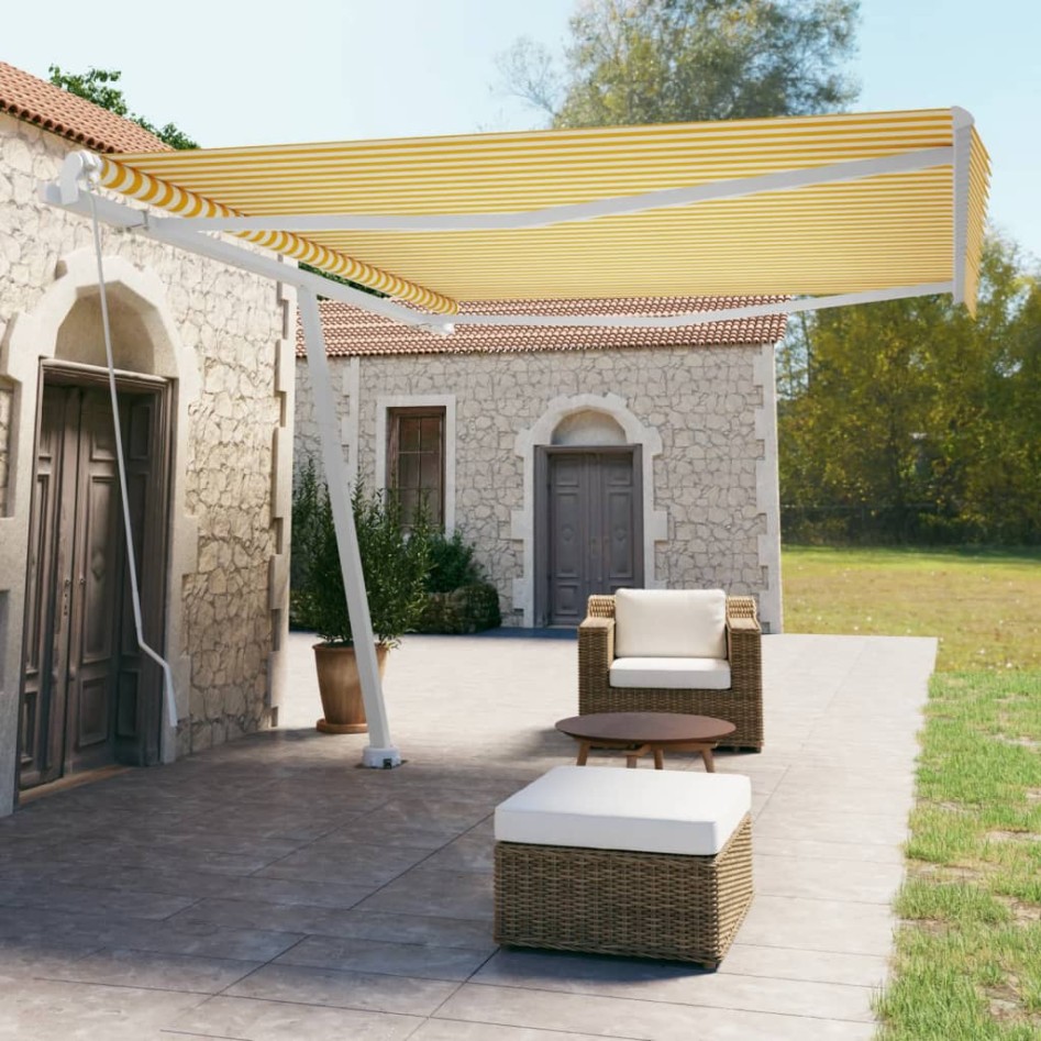 Toldo de pie retráctil manual amarillo y blanco 450x350