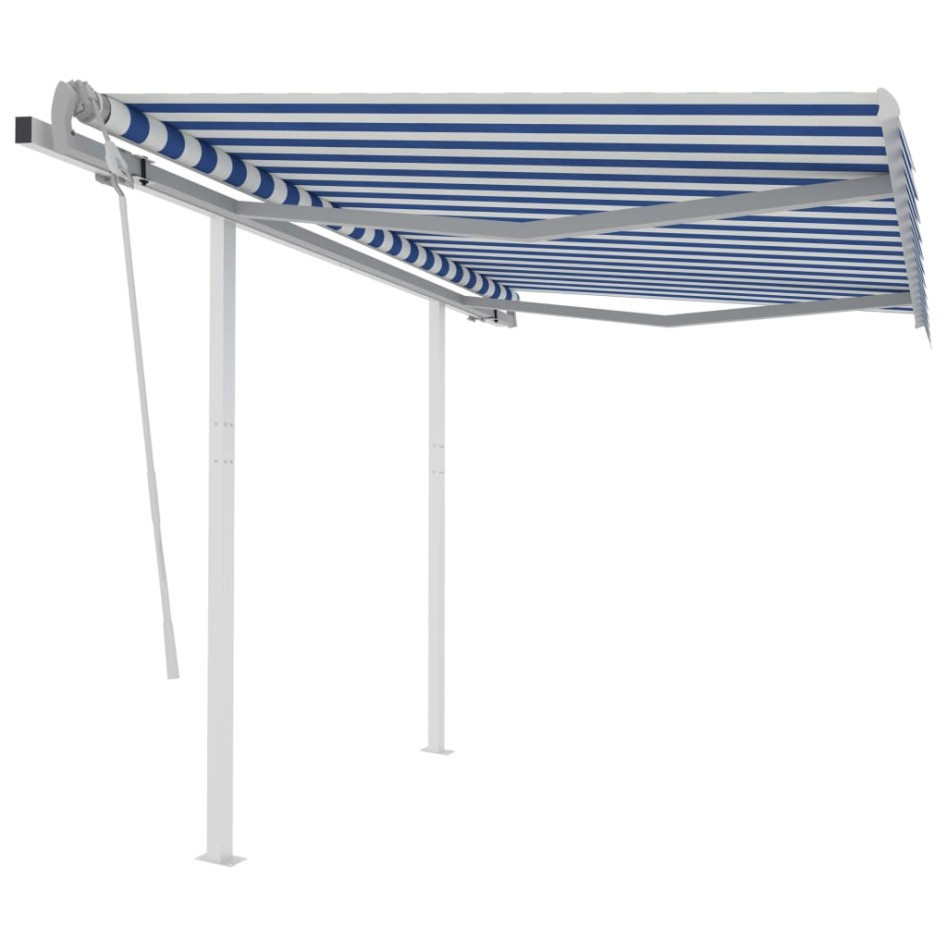 Toldo manual retráctil con postes azul y blanco 3,5x2,5