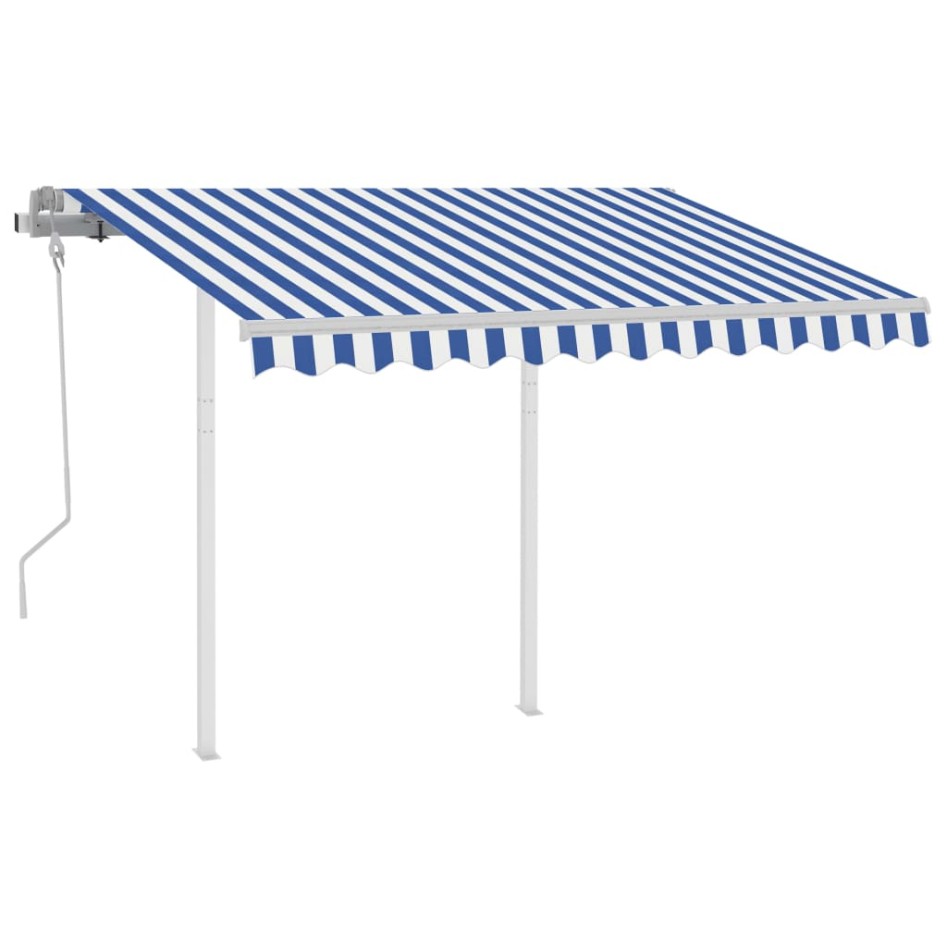 Toldo manual retráctil con postes azul y blanco 3,5x2,5