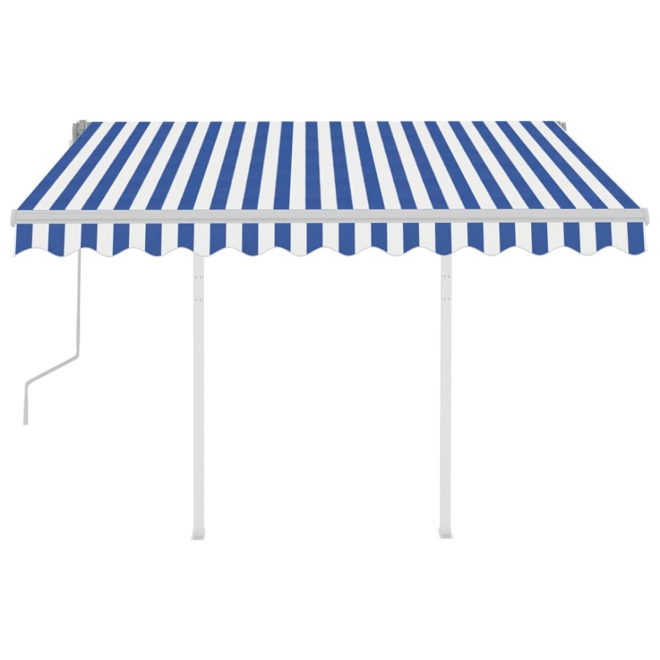 Toldo manual retráctil con postes azul y blanco 3,5x2,5