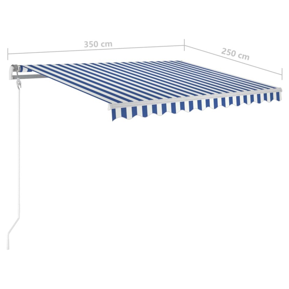 Toldo manual retráctil con postes azul y blanco 3,5x2,5