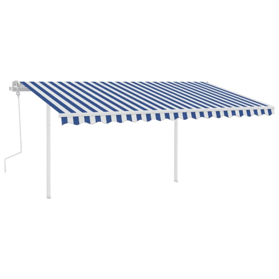 Toldo manual retráctil con postes azul y blanco 4,5x3