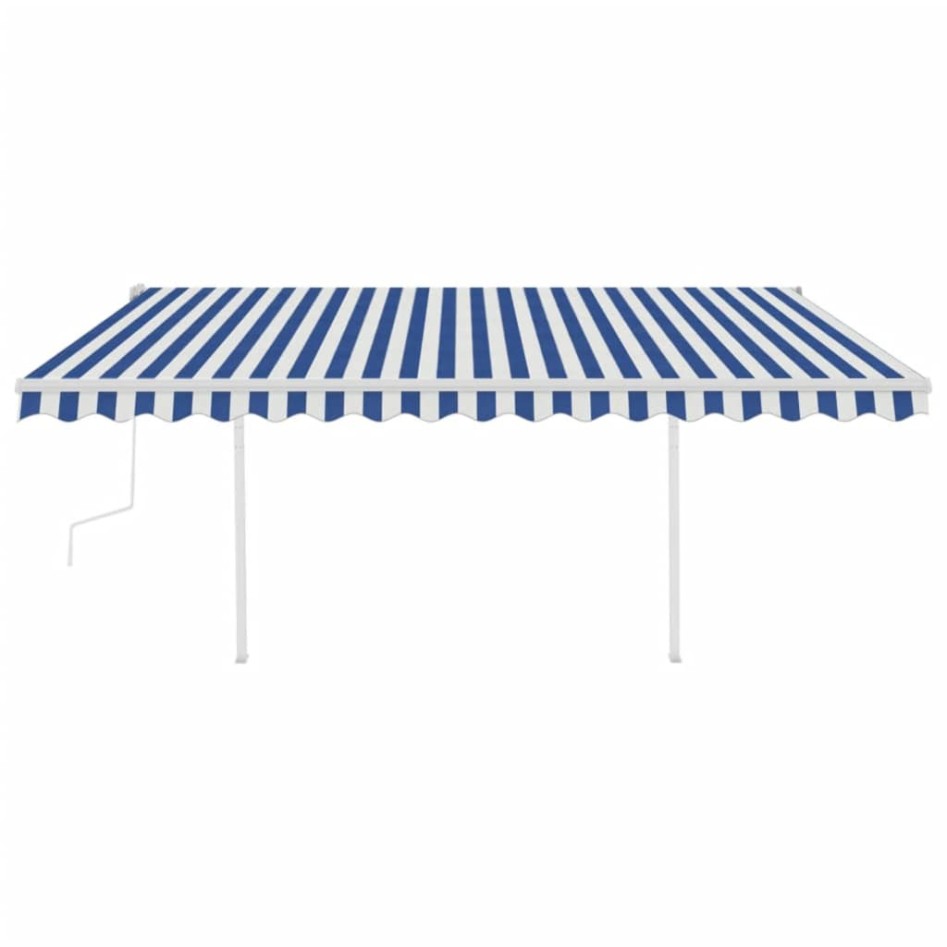 Toldo manual retráctil con postes azul y blanco 4,5x3