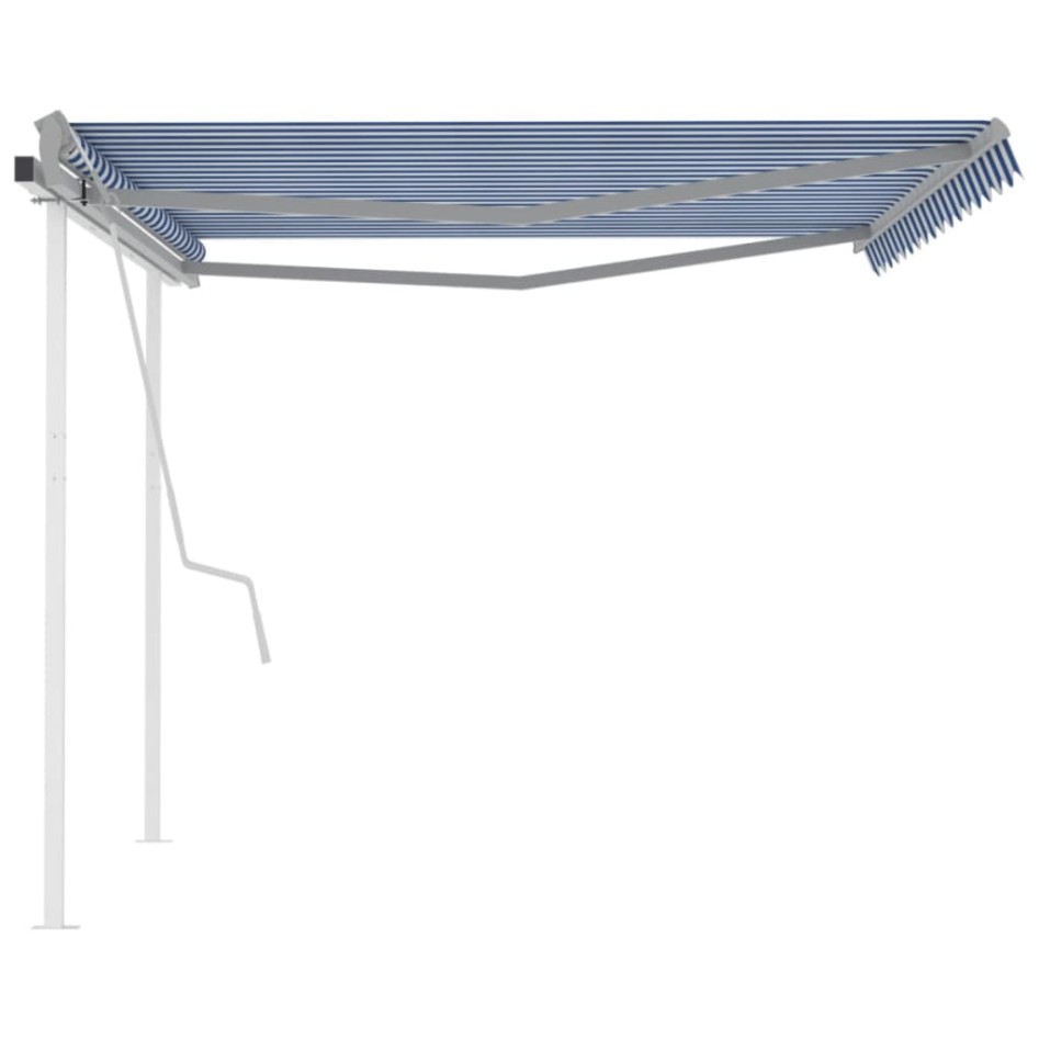 Toldo manual retráctil con postes azul y blanco 4,5x3