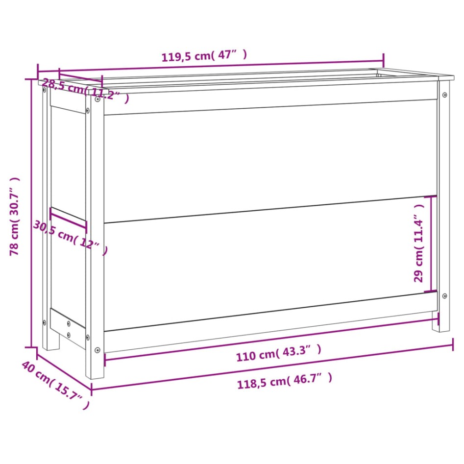 Arriate elevado de jardín madera de pino blanco 119,5x40x78
