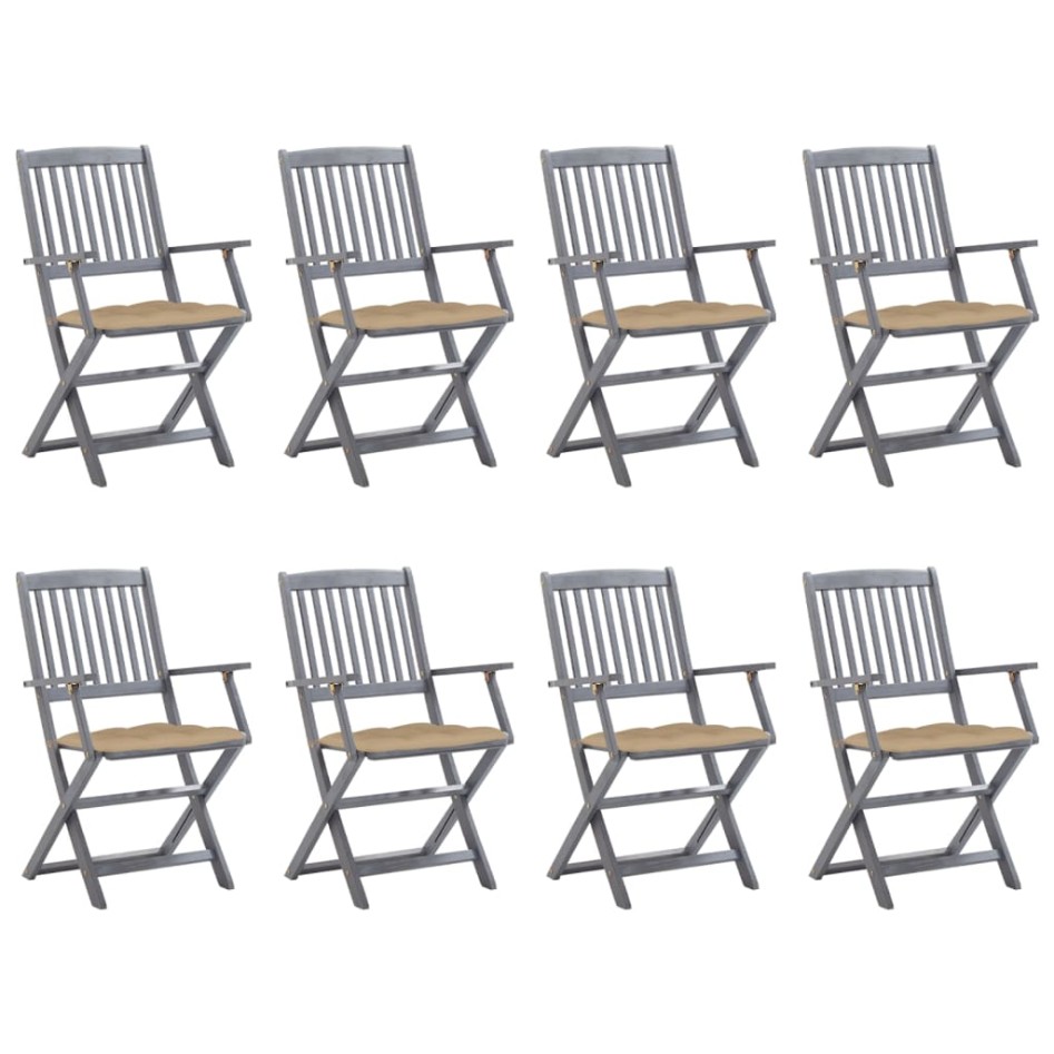 Sillas de jardín plegables 8 uds y cojines madera maciza