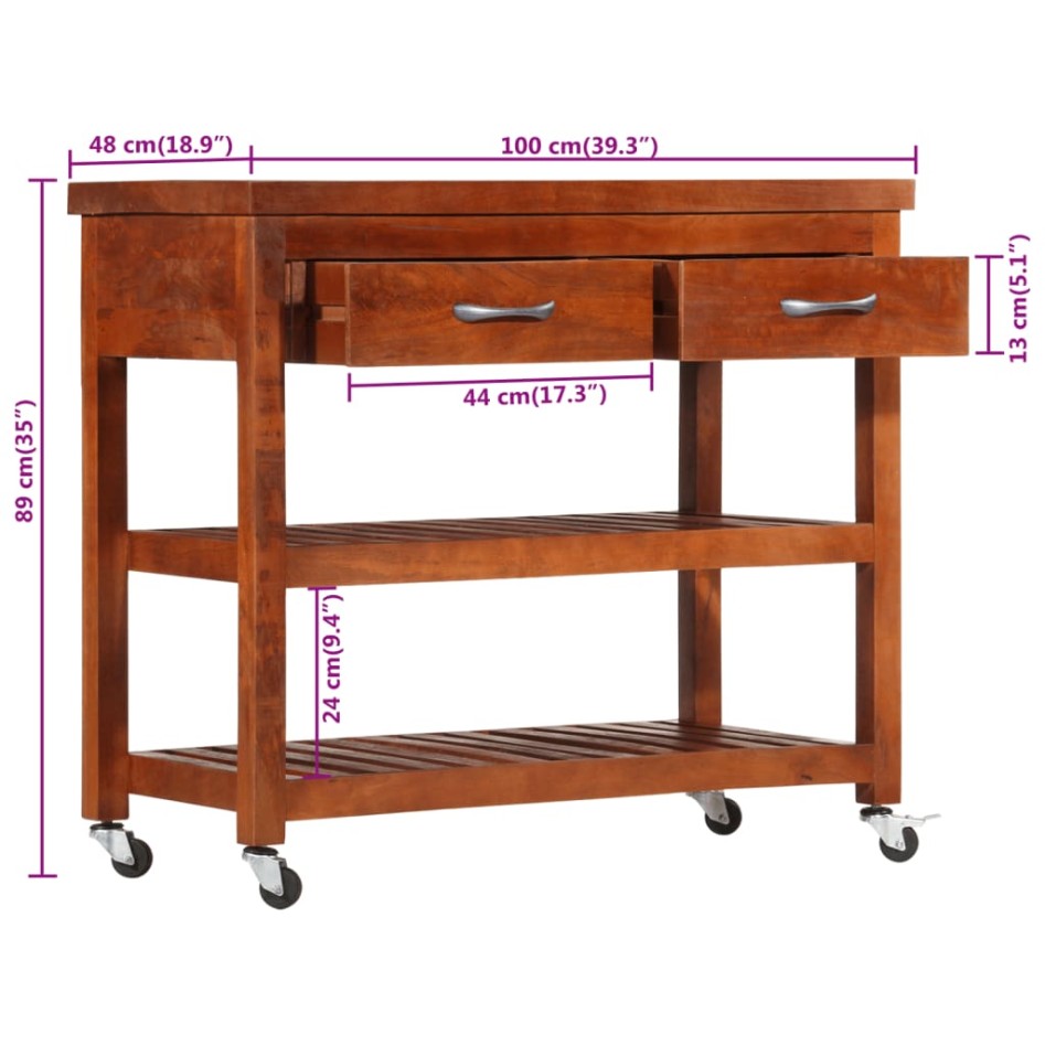 Carrito de cocina de madera maciza de acacia 100x48x89