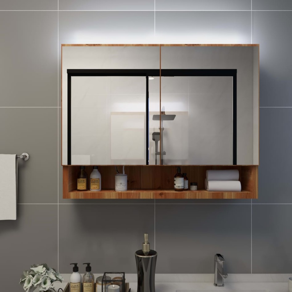 Mueble de baño con espejo LED MDF roble 80x15x60