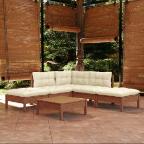 Muebles de jardín 6 pzas y cojines madera de pino marrón