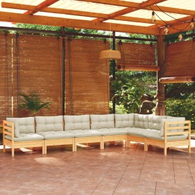 Muebles de jardín 7 pzas y cojines madera maciza de pino