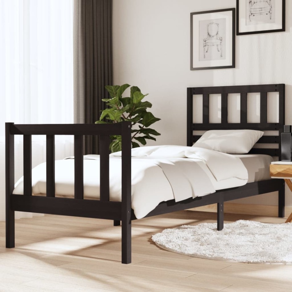 Estructura cama madera maciza individual negro 75x190