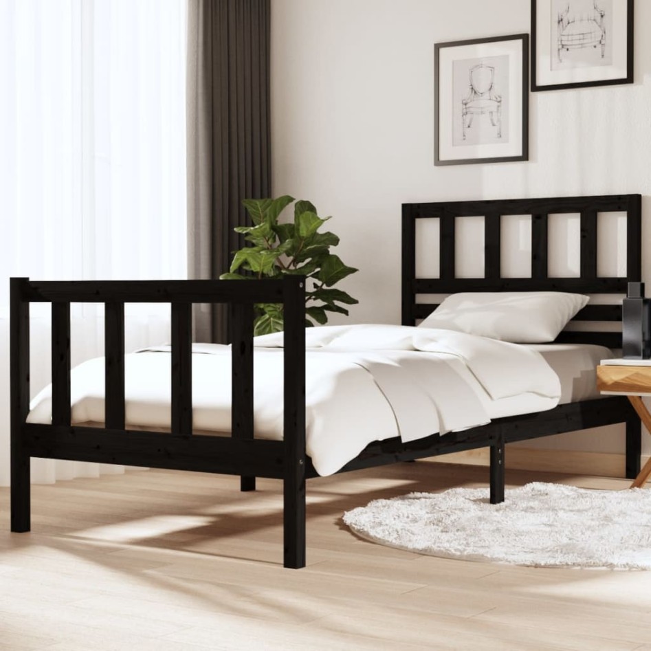 Estructura de cama individual de madera maciza negro 90x190
