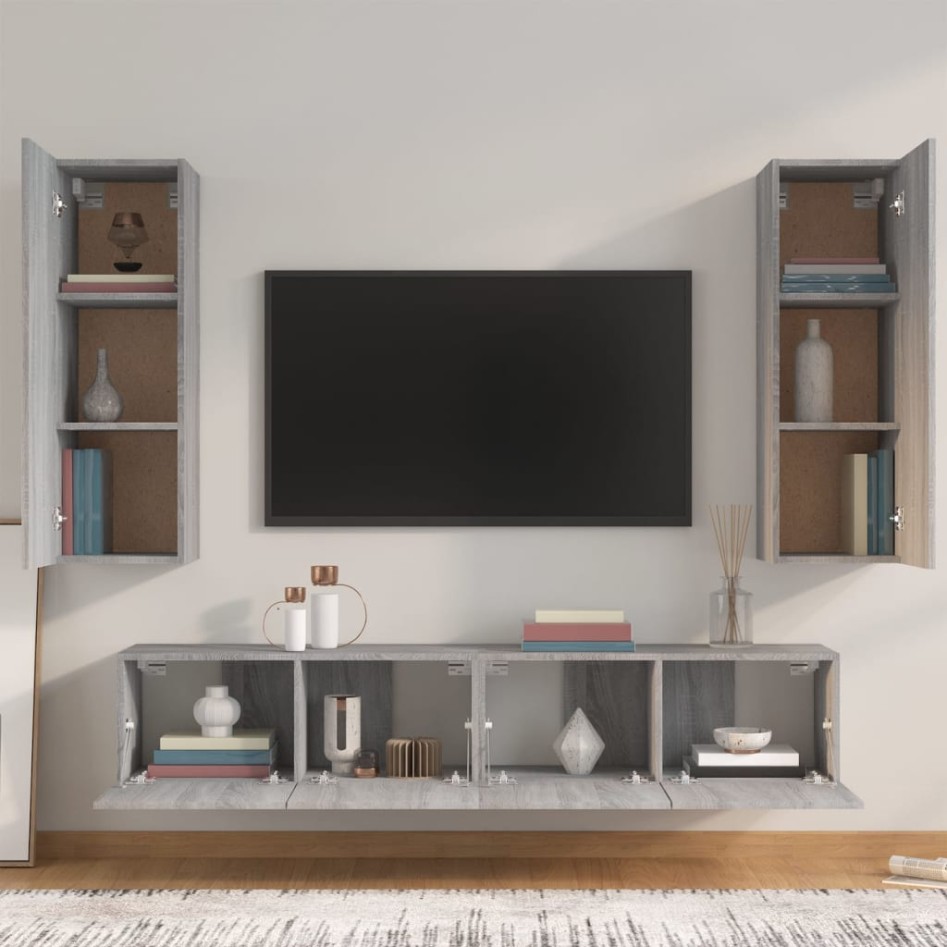 Set de muebles para TV 4 pzas madera contrachapada gris