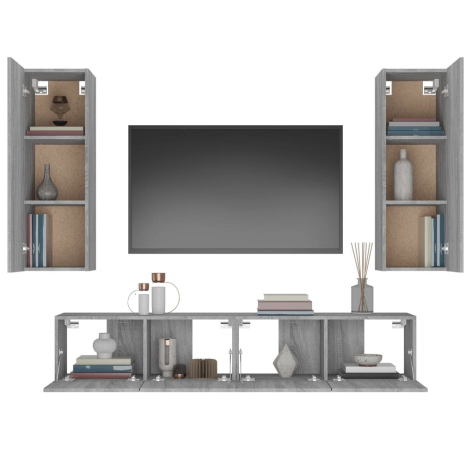 Set de muebles para TV 4 pzas madera contrachapada gris