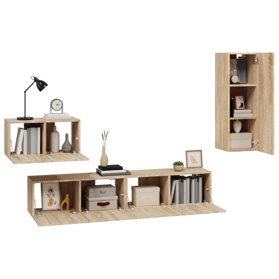 Set de muebles para TV 4 pzas madera contrachapada roble