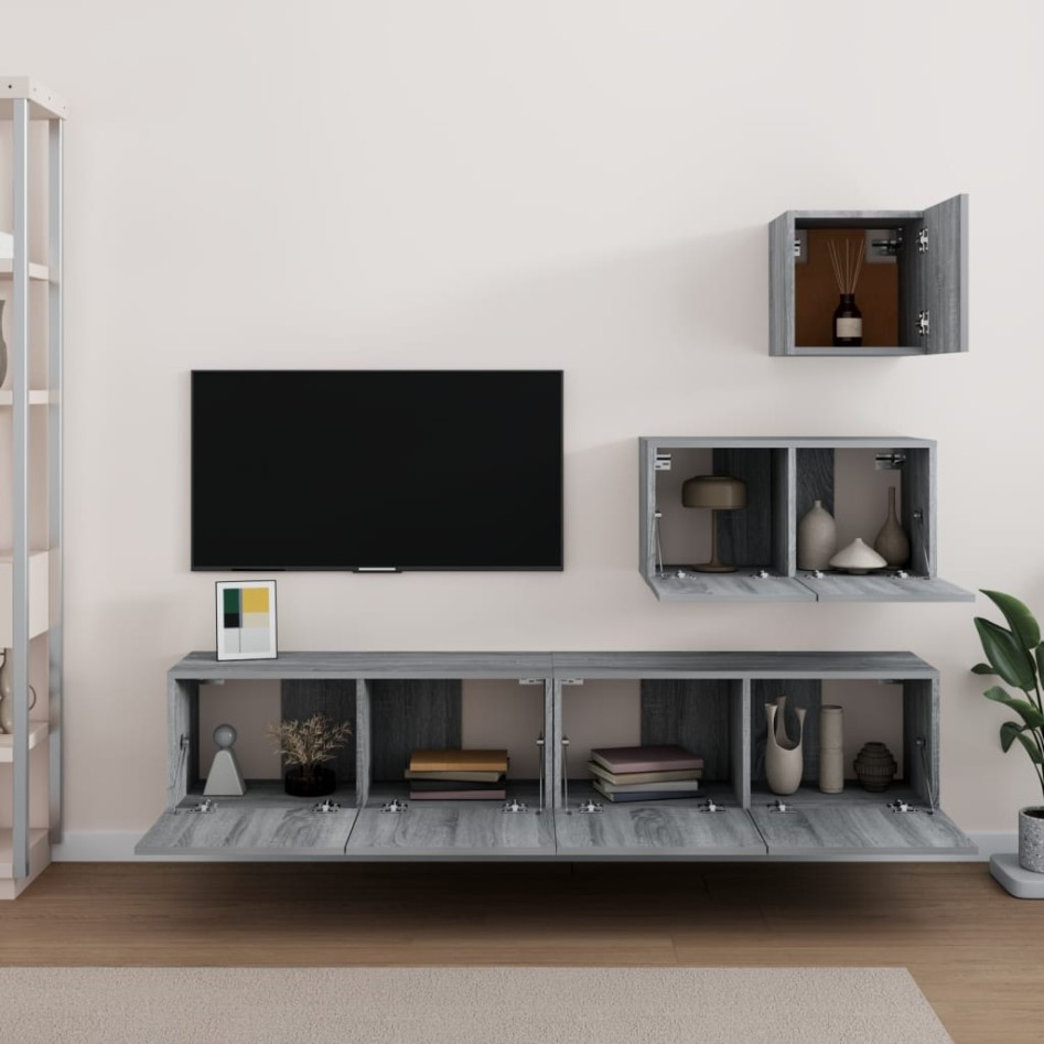Set de muebles para TV 4 pzas madera contrachapada gris
