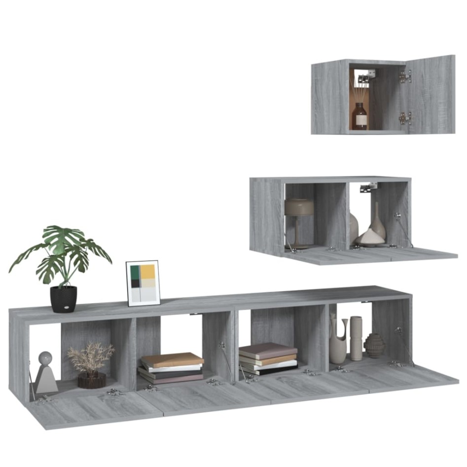 Set de muebles para TV 4 pzas madera contrachapada gris