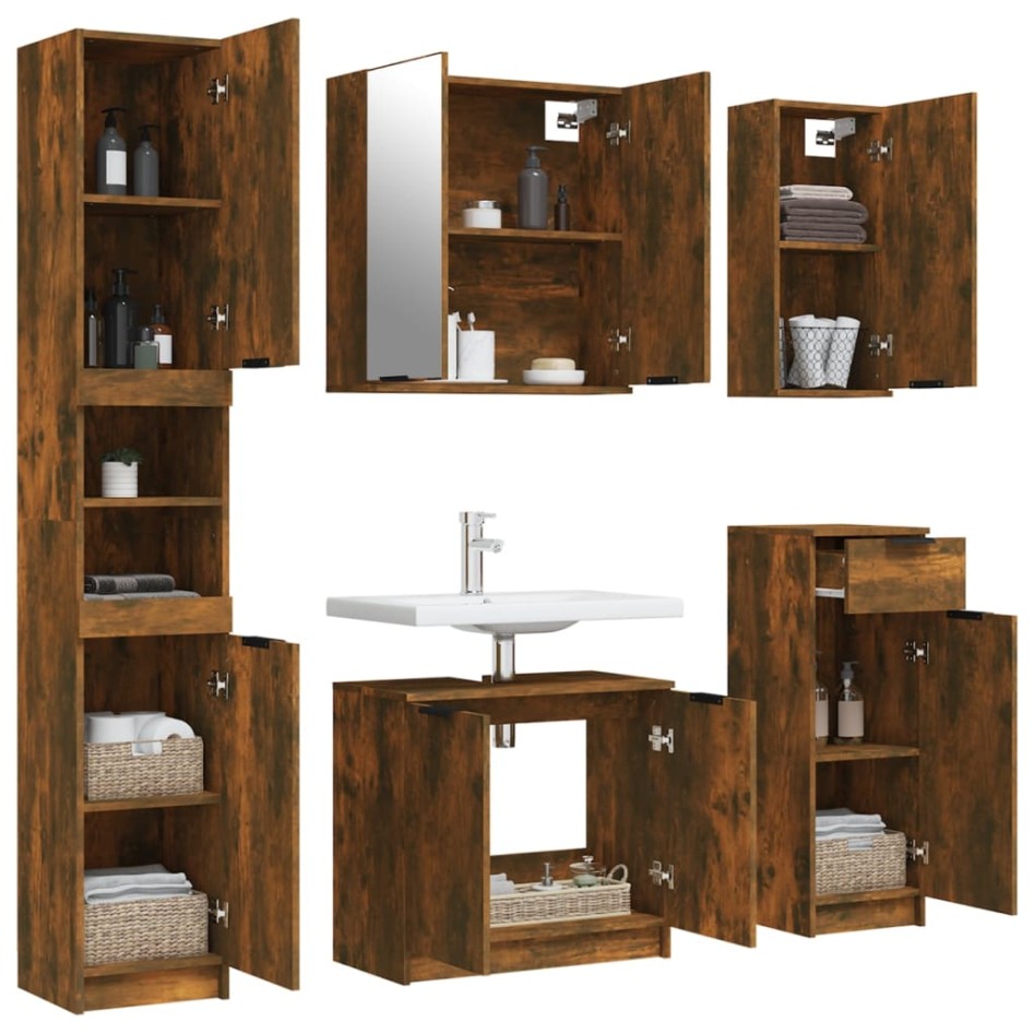 Set muebles de baño 5 piezas madera contrachapada roble