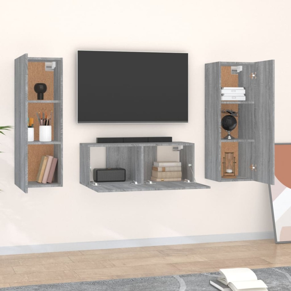 Set de muebles para TV 3 pzas madera contrachapada gris
