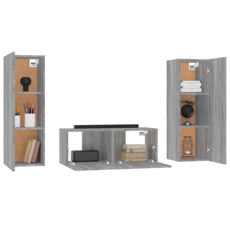 Set de muebles para TV 3 pzas madera contrachapada gris
