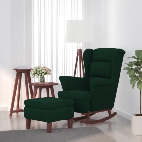 Sillón mecedora patas madera y taburete terciopelo verde