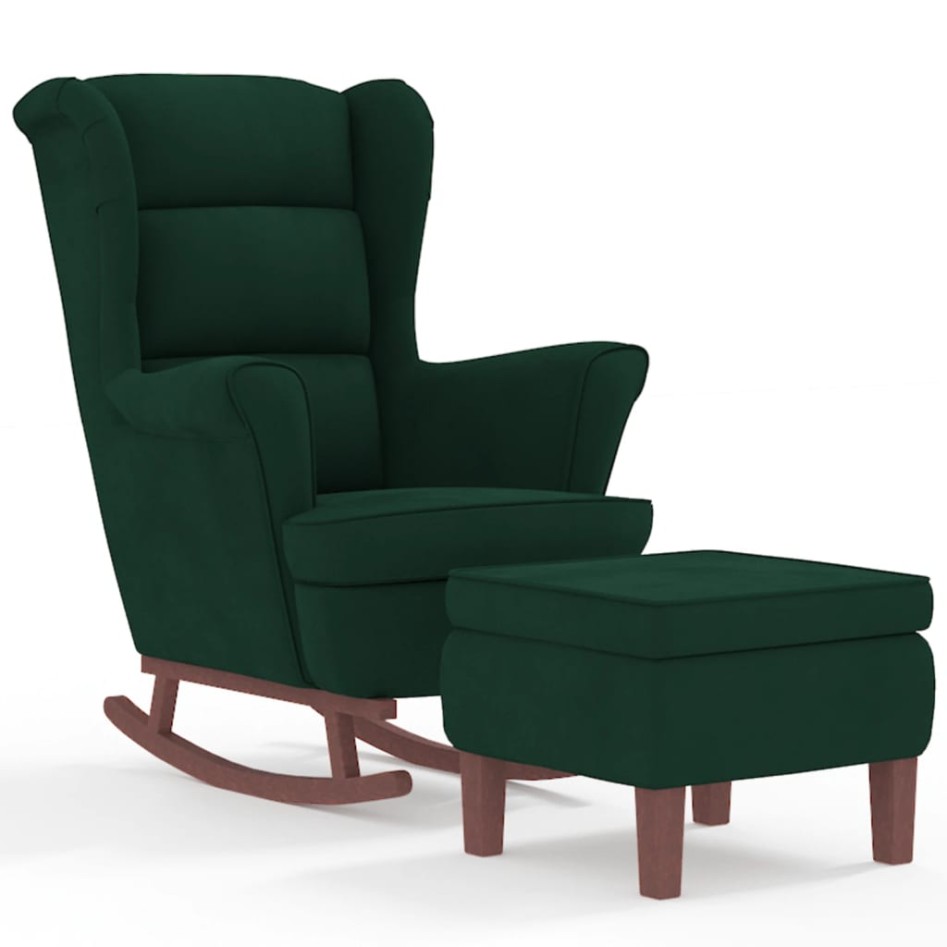 Sillón mecedora patas madera y taburete terciopelo verde