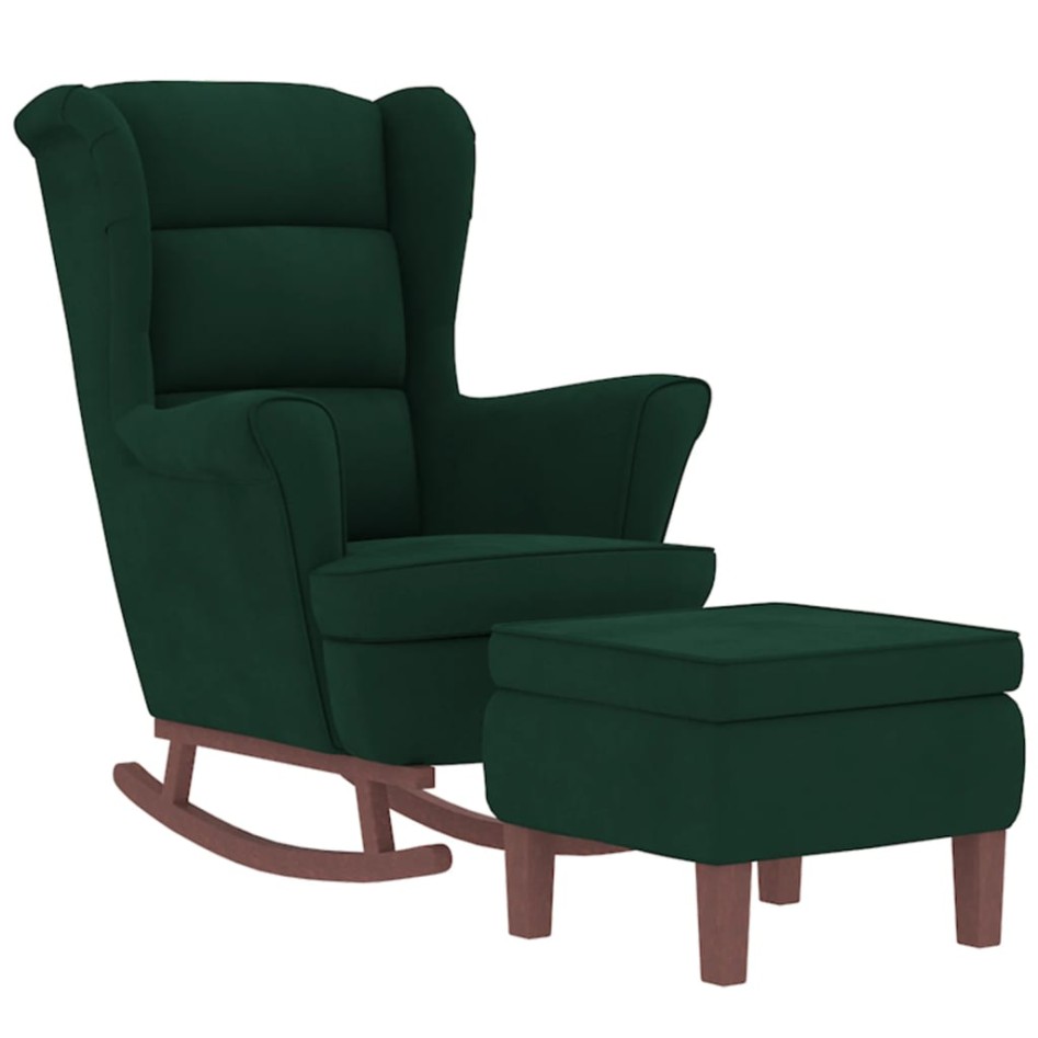 Sillón mecedora patas madera y taburete terciopelo verde