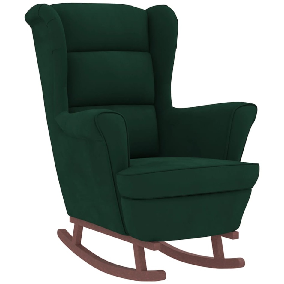 Sillón mecedora patas madera y taburete terciopelo verde