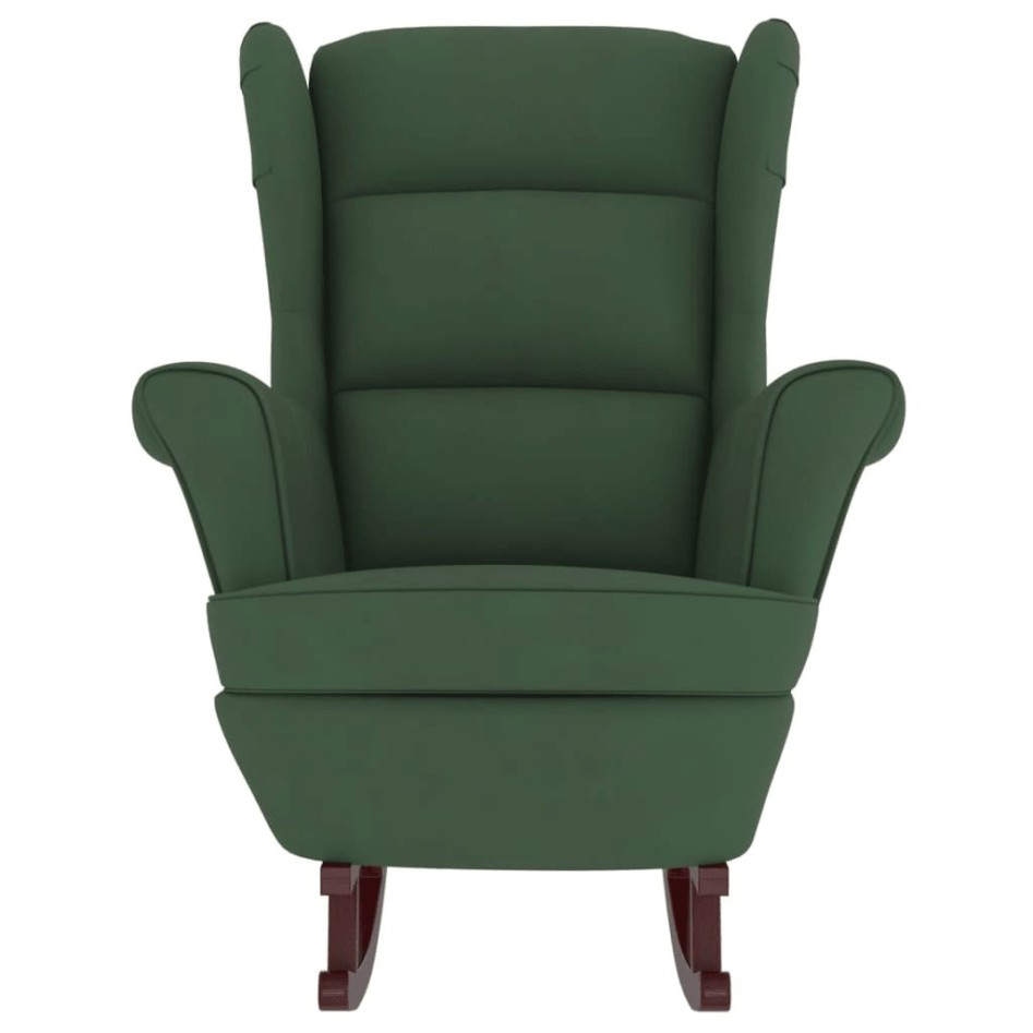 Sillón mecedora patas madera y taburete terciopelo verde