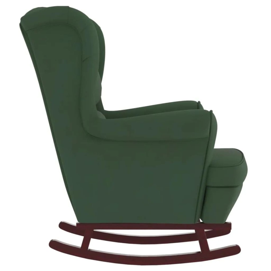 Sillón mecedora patas madera y taburete terciopelo verde