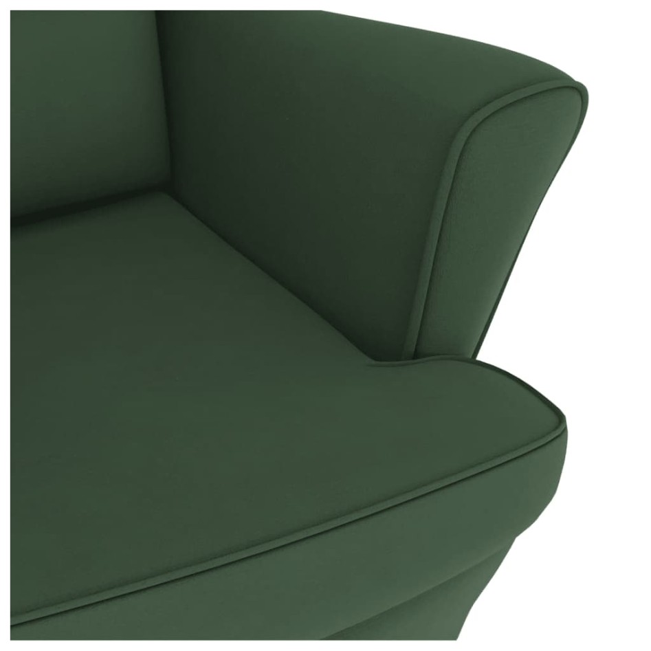 Sillón mecedora patas madera y taburete terciopelo verde