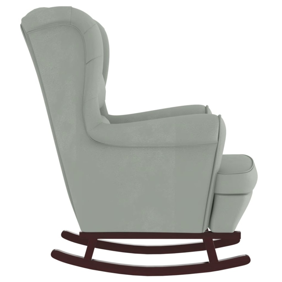 Sillón mecedora patas madera y taburete terciopelo gris