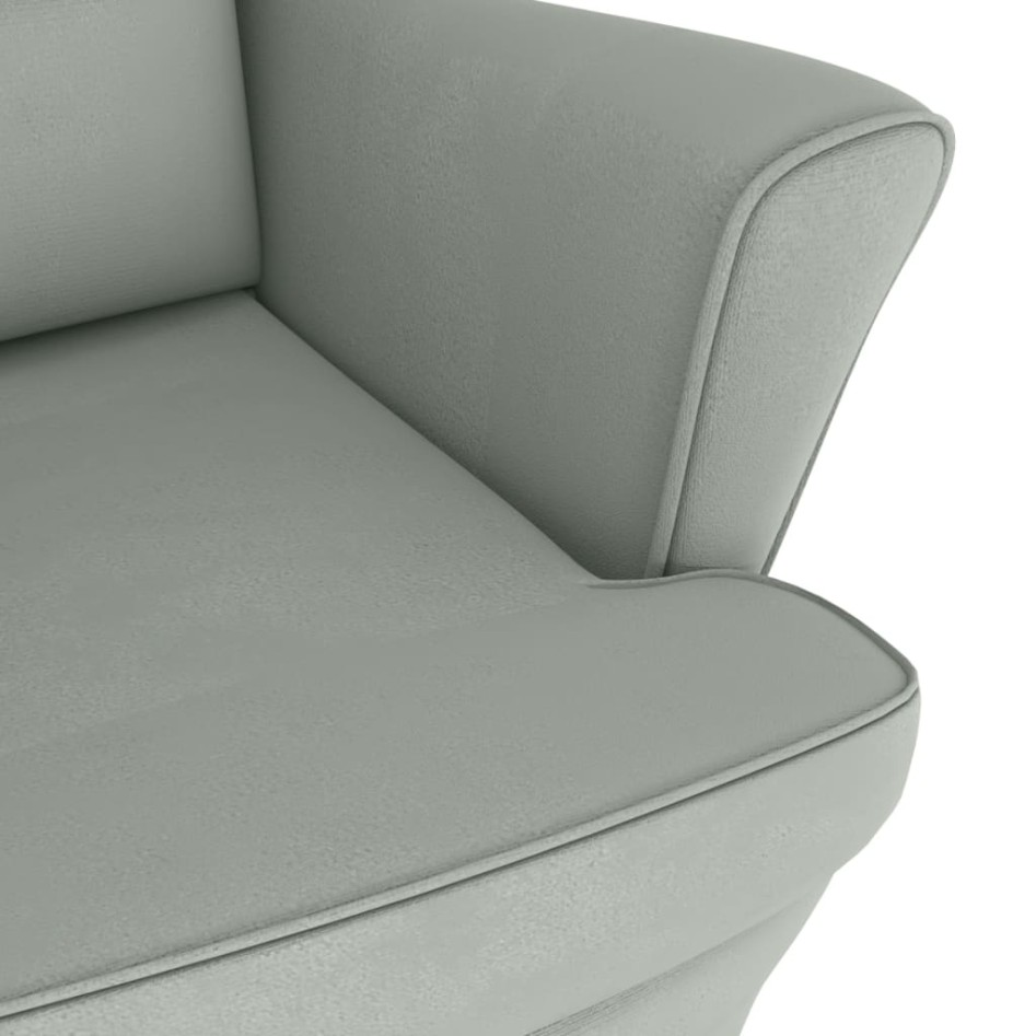 Sillón mecedora patas madera y taburete terciopelo gris