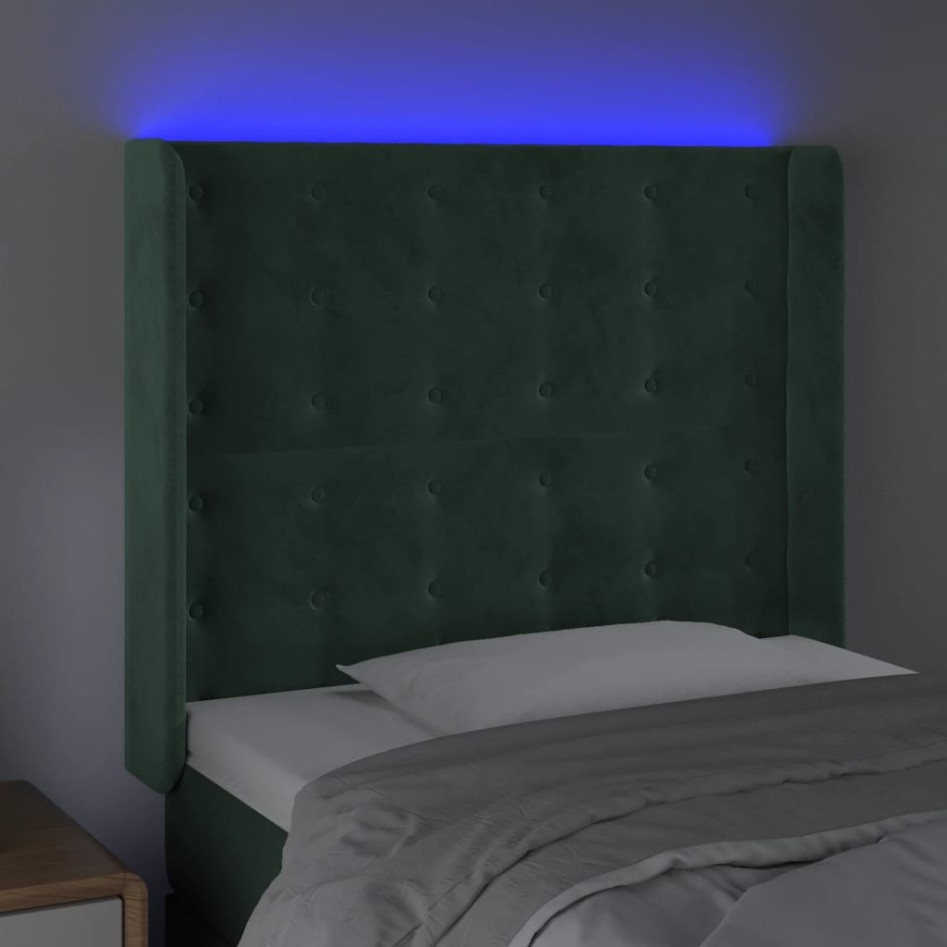 Cabecero con LED de terciopelo verde oscuro 93x16x118/128