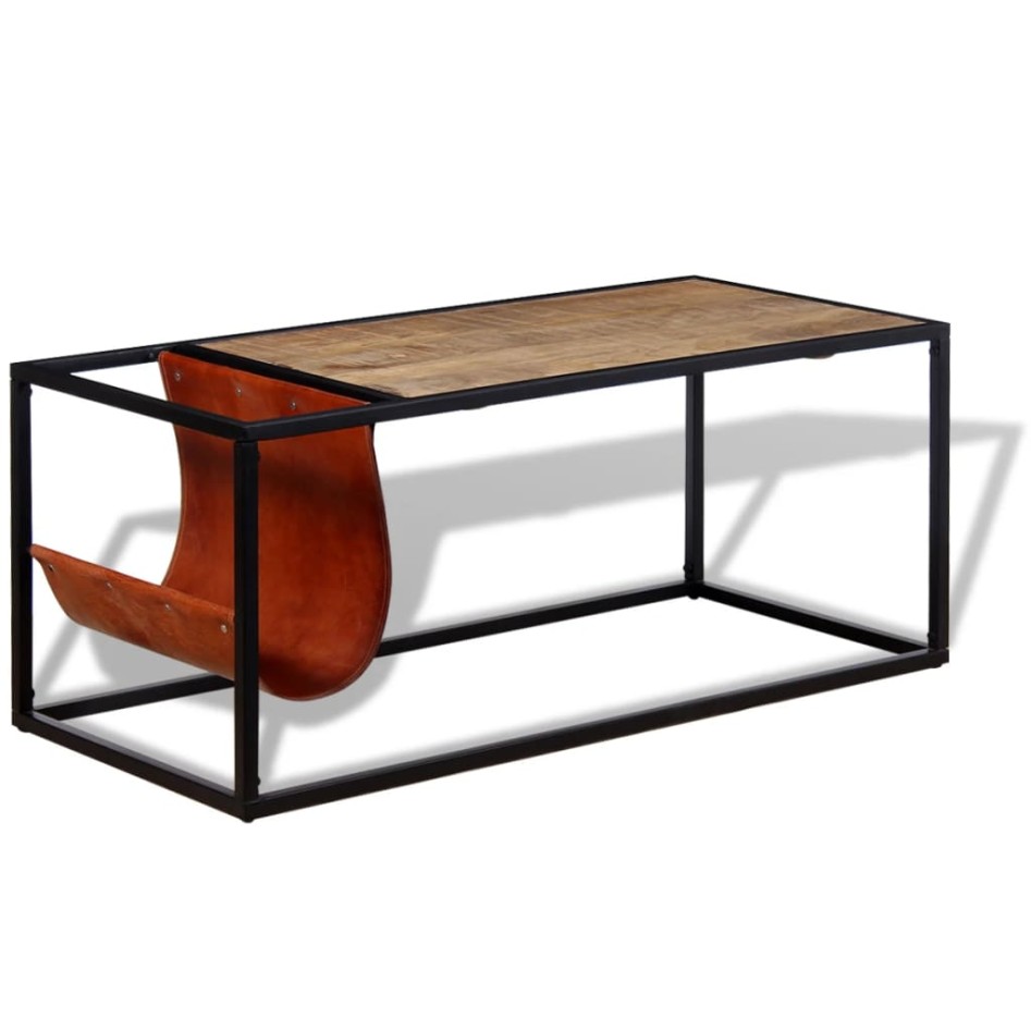 Mesa de centro con revistero de cuero 110x50x45