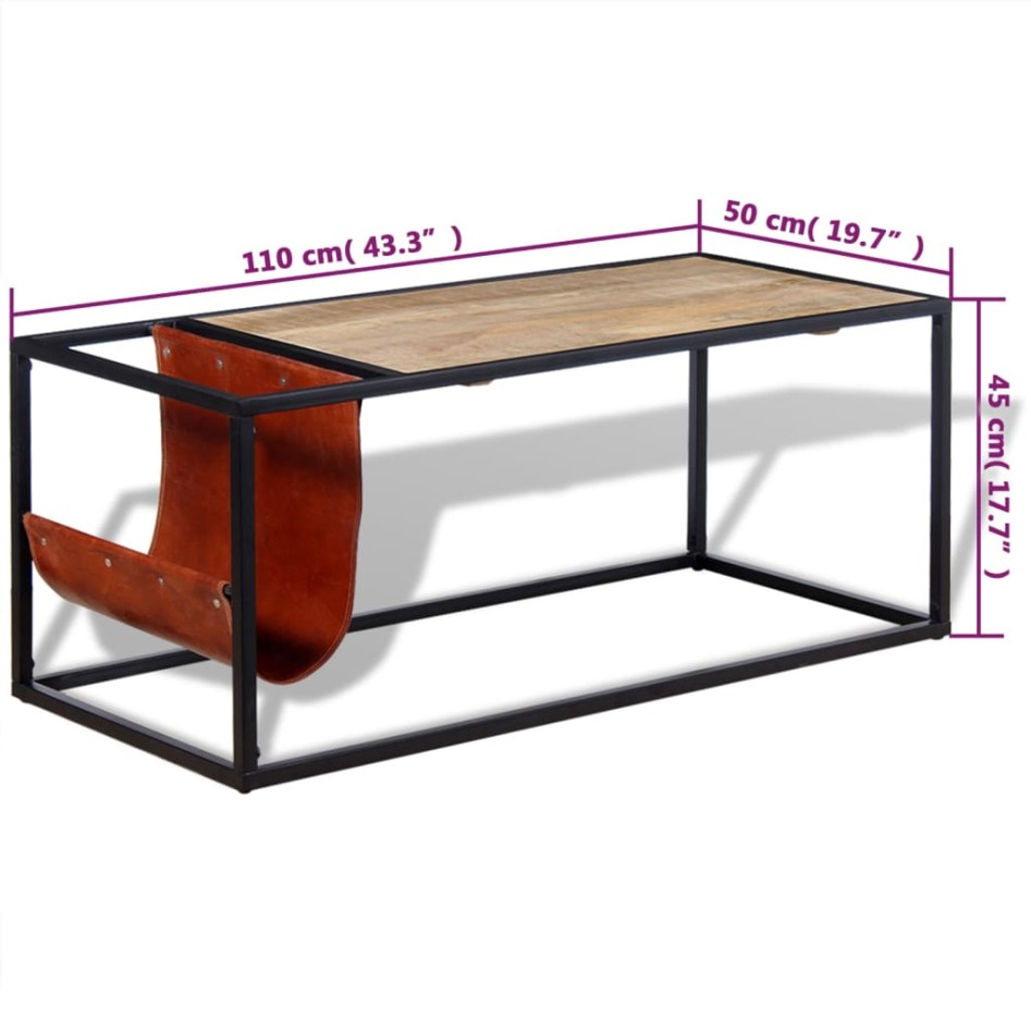Mesa de centro con revistero de cuero 110x50x45