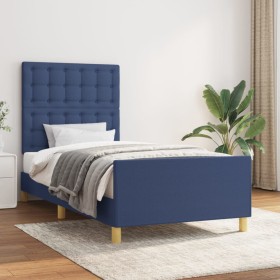 Estructura de cama con cabecero de tela azul 90x190