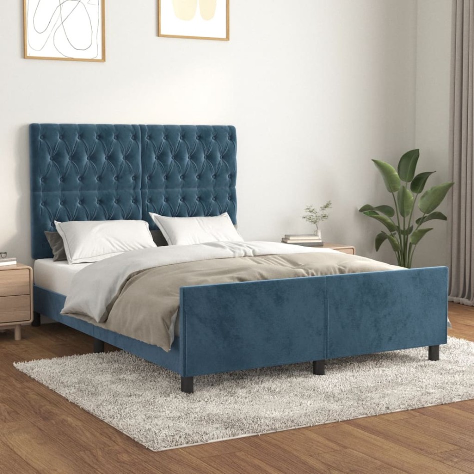 Estructura de cama sin colchón terciopelo azul oscuro