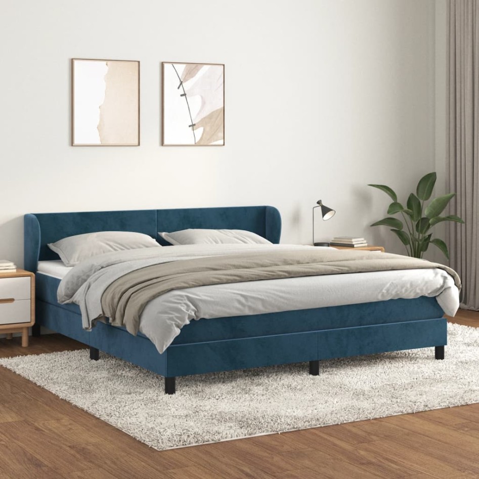 Cama box spring con colchón terciopelo azul oscuro 180x200