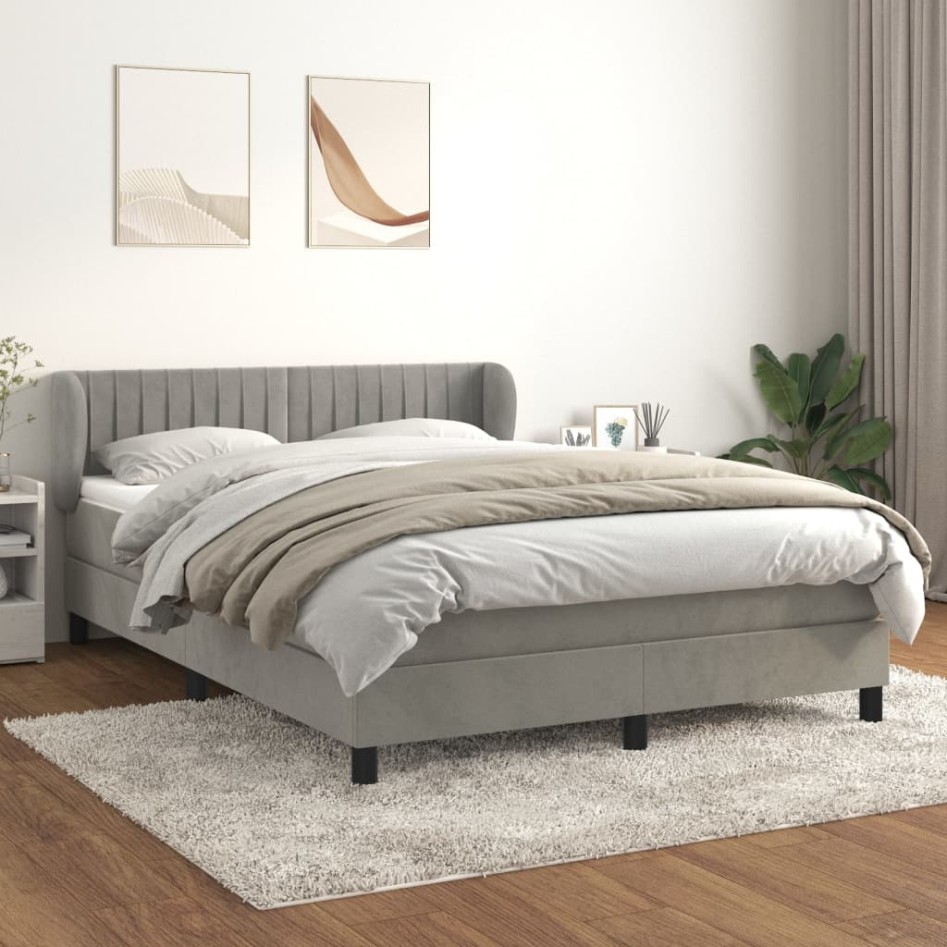 Cama box spring con colchón terciopelo gris claro 140x200