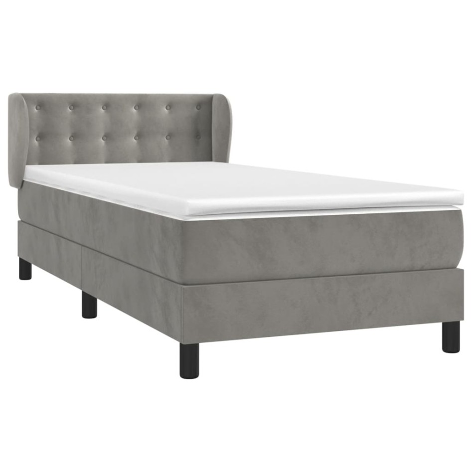 Cama box spring con colchón terciopelo gris claro 90x190