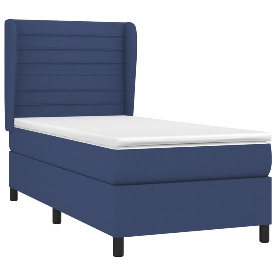 Cama box spring con colchón tela azul 90x190