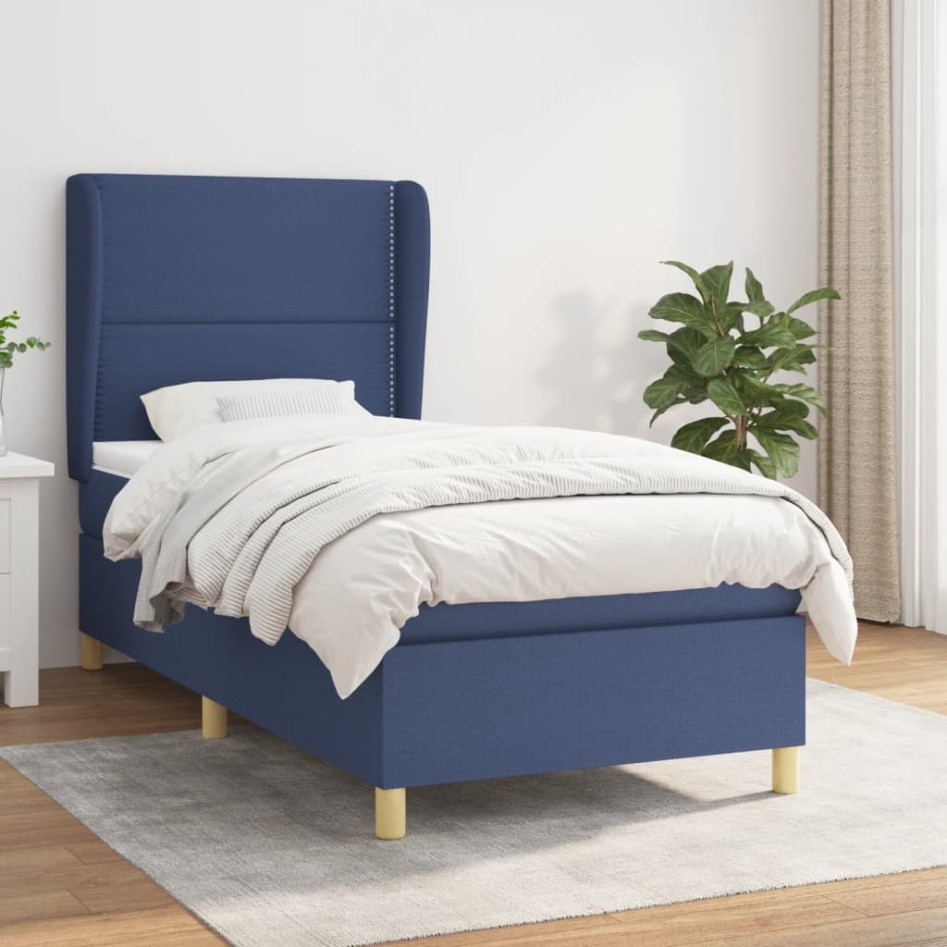 Cama box spring con colchón tela azul 90x190