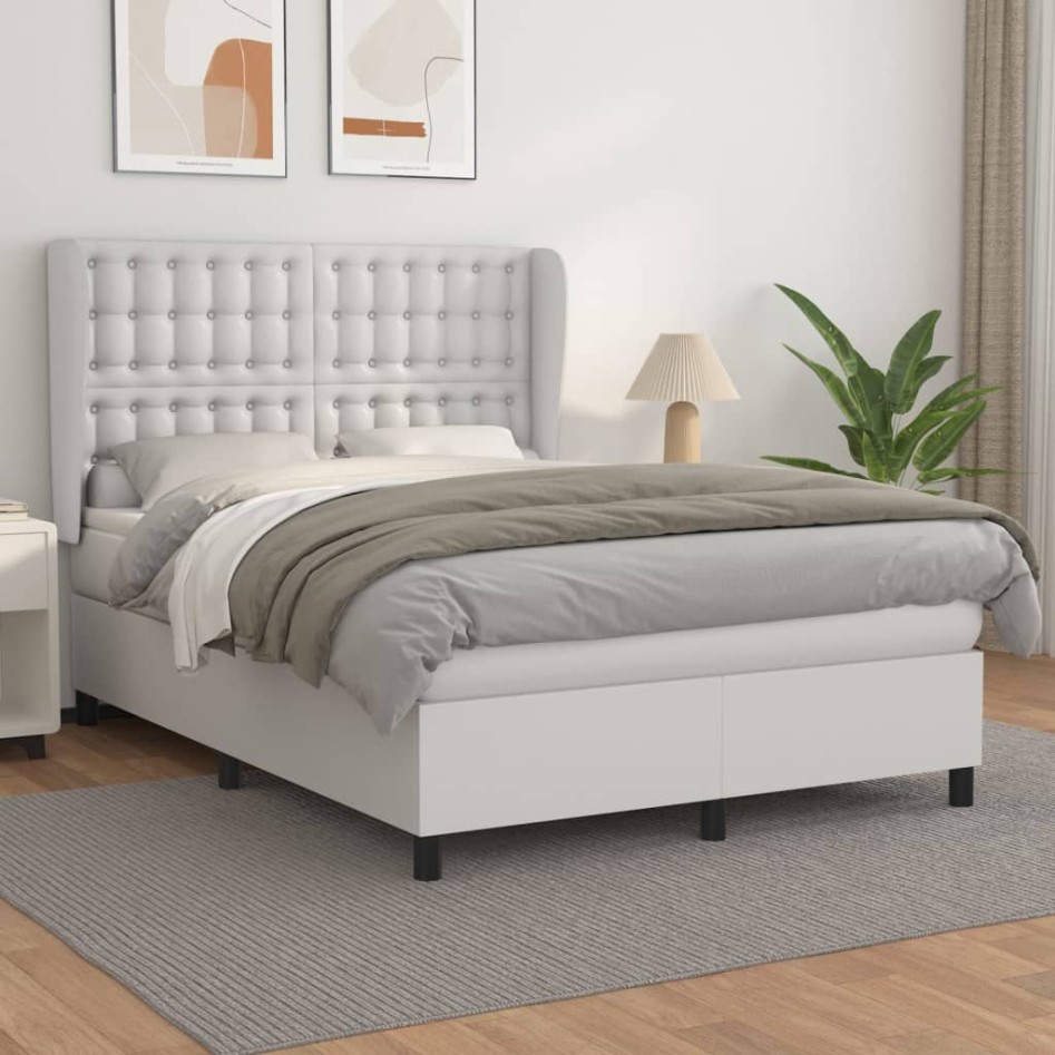 Cama box spring con colchón cuero sintético blanco