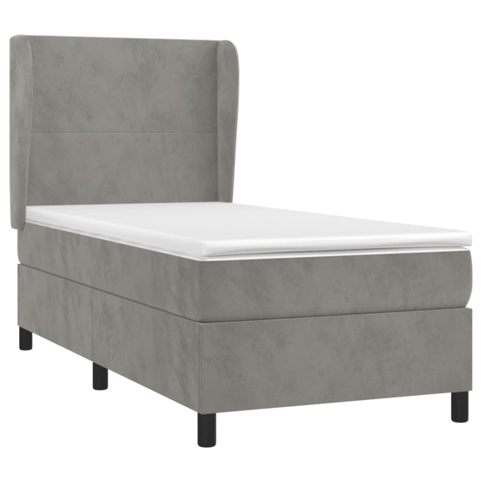 Cama box spring con colchón terciopelo gris claro 80x200