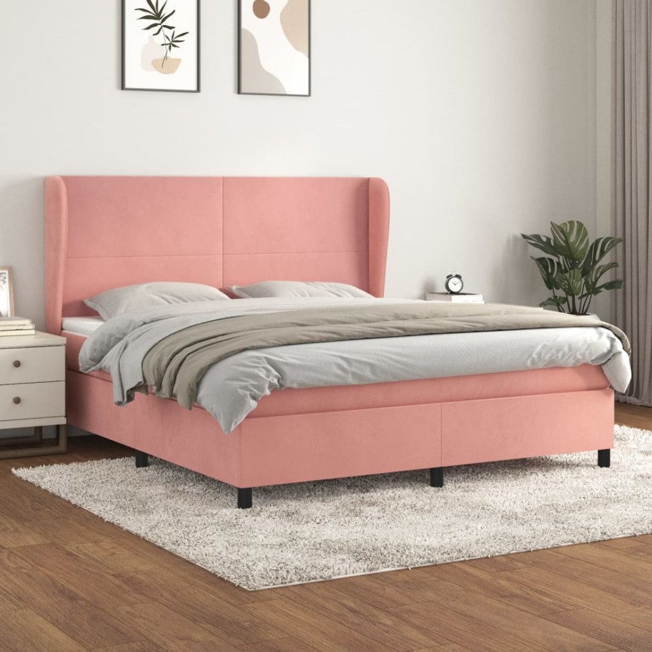 Cama box spring con colchón terciopelo rosa 160x200
