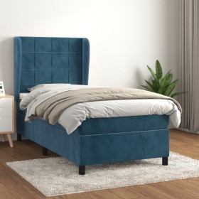 Cama box spring con colchón terciopelo azul oscuro 100x200